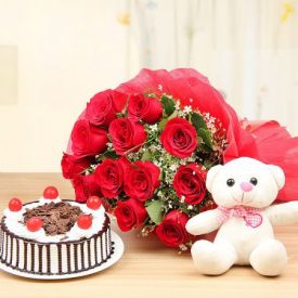 Black Forest Cake & Roses With Teddy